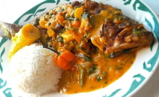 Plated fish with vegetables and rice