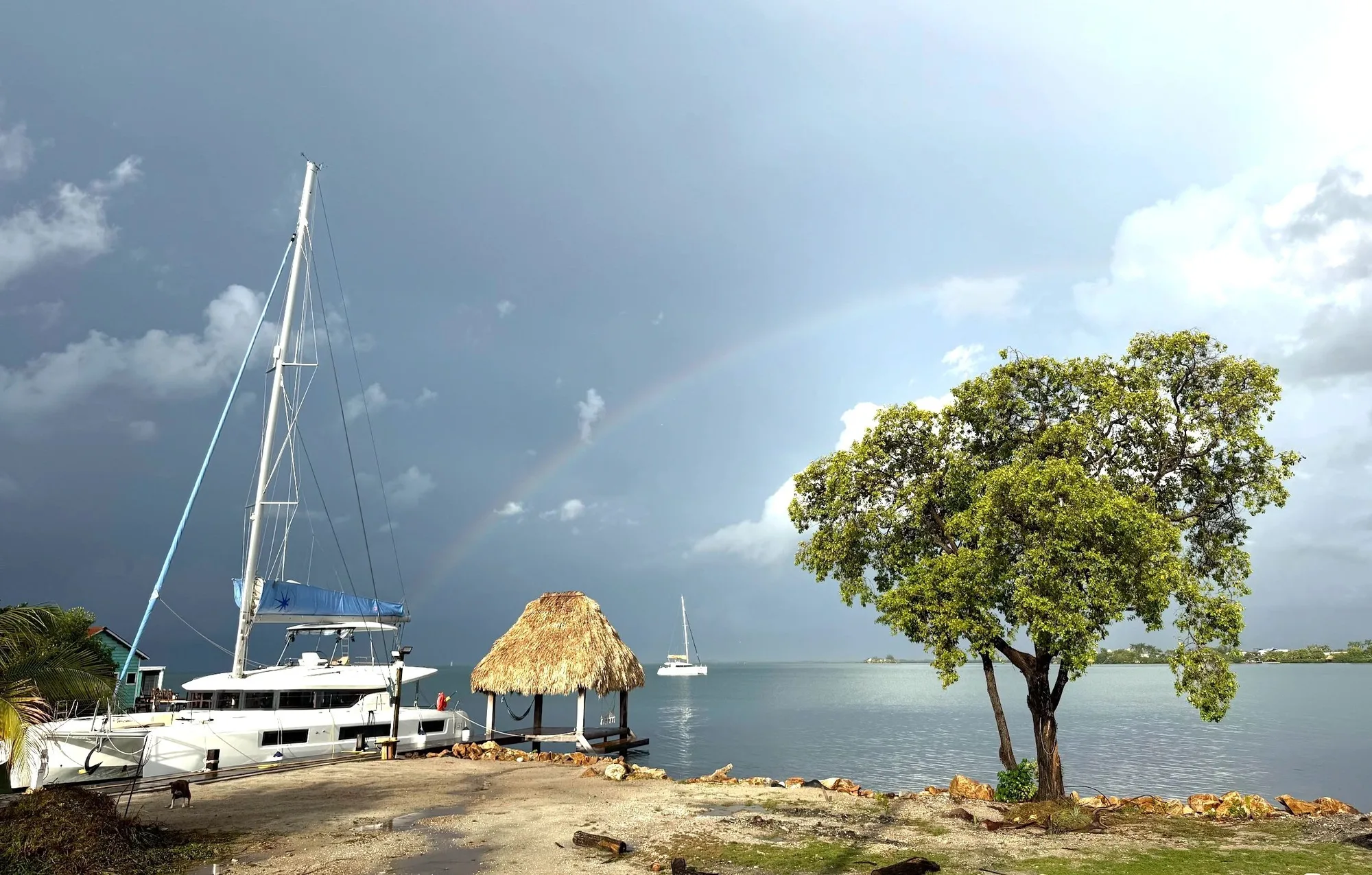 Sailing catamaran at anchor by a small Belize caye