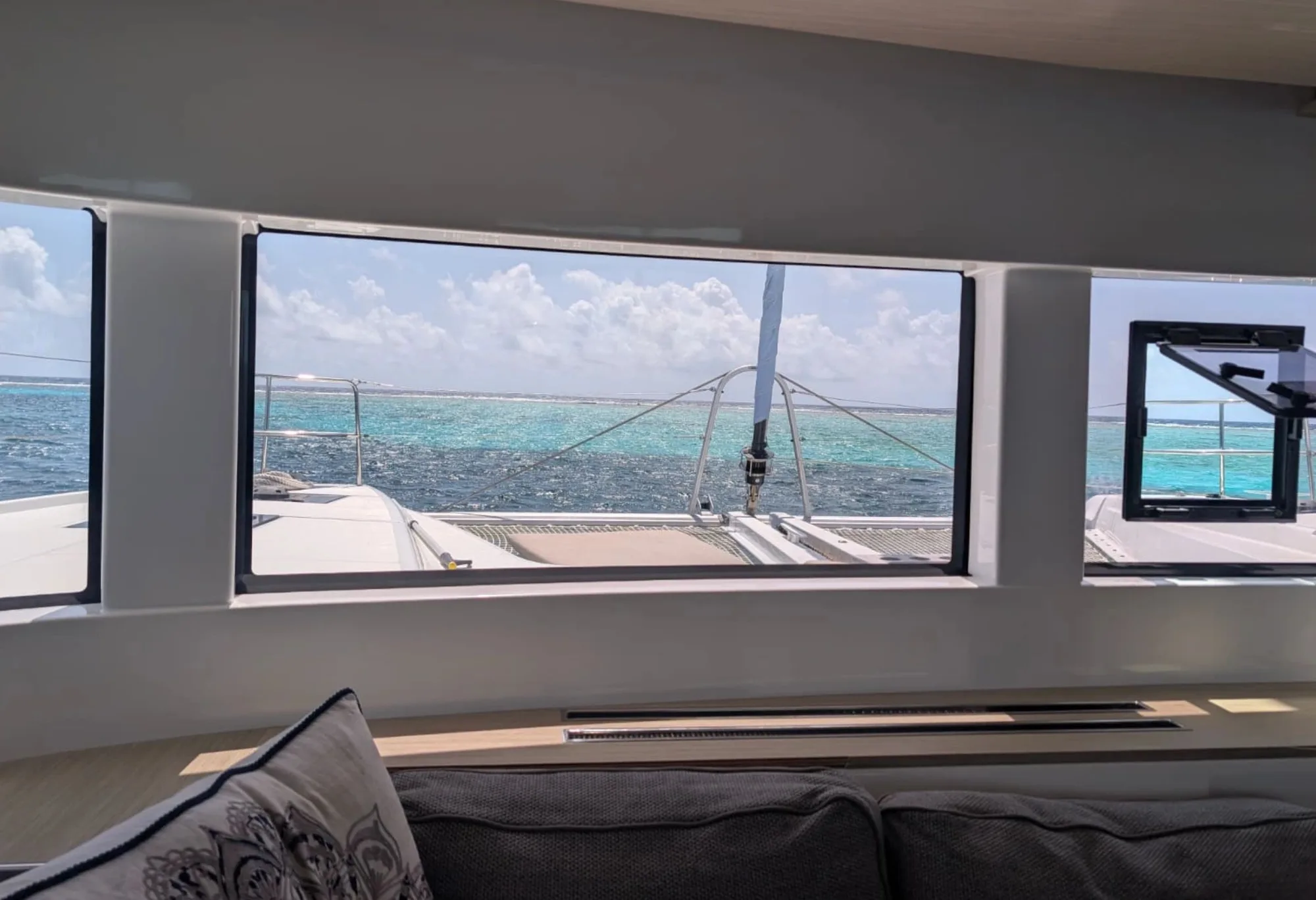 View of the sea through a catamaran salon