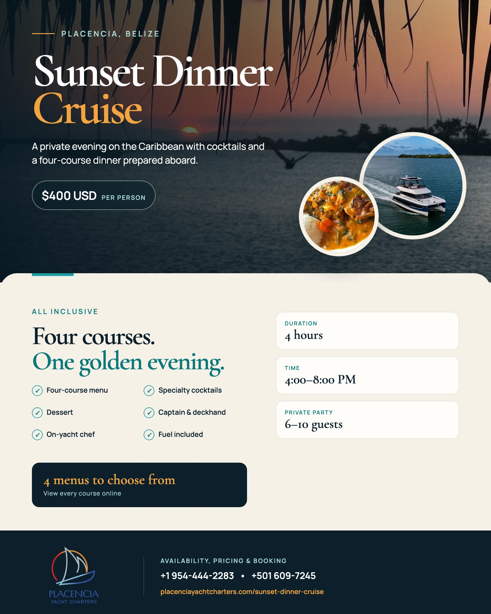 Sunset Dinner Cruise flyer with four-course dinner, pricing, times and inclusions